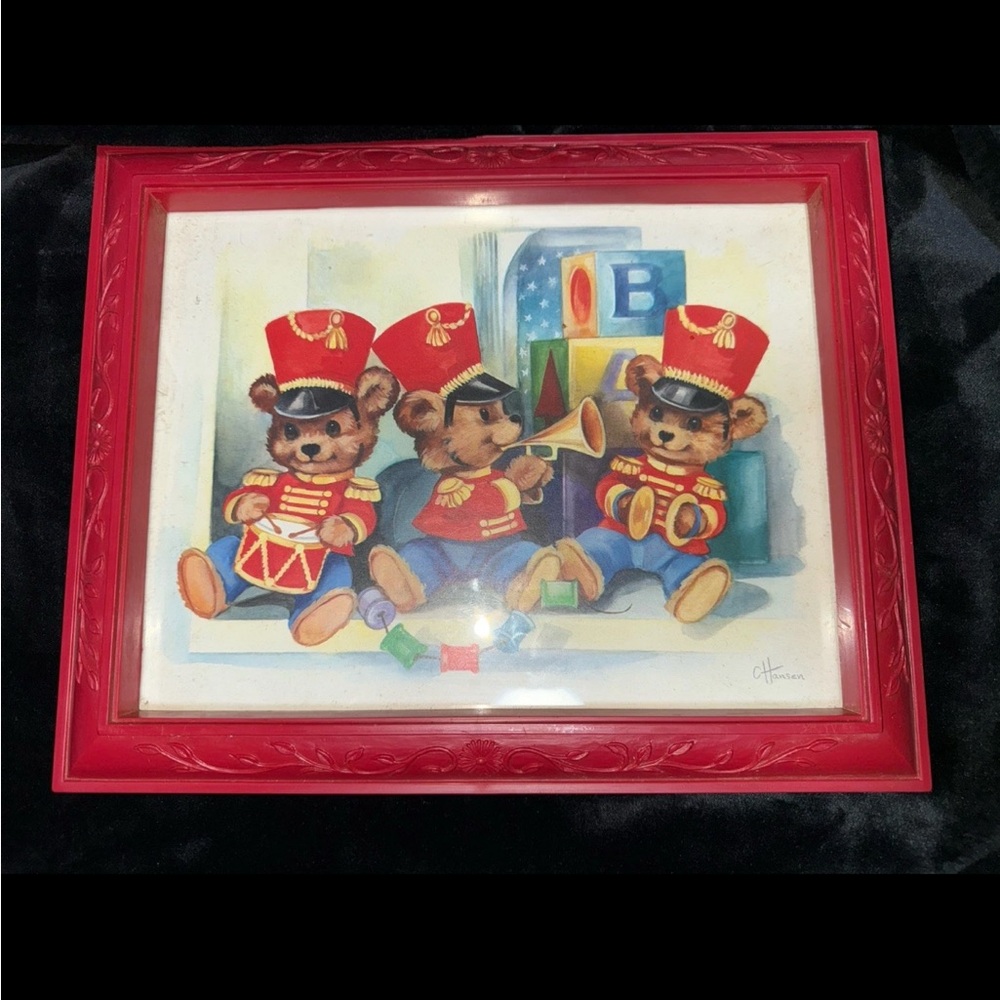Vintage Teddy Bear Wall Art Set by C. Hansen – Red Framed Nursery Prints